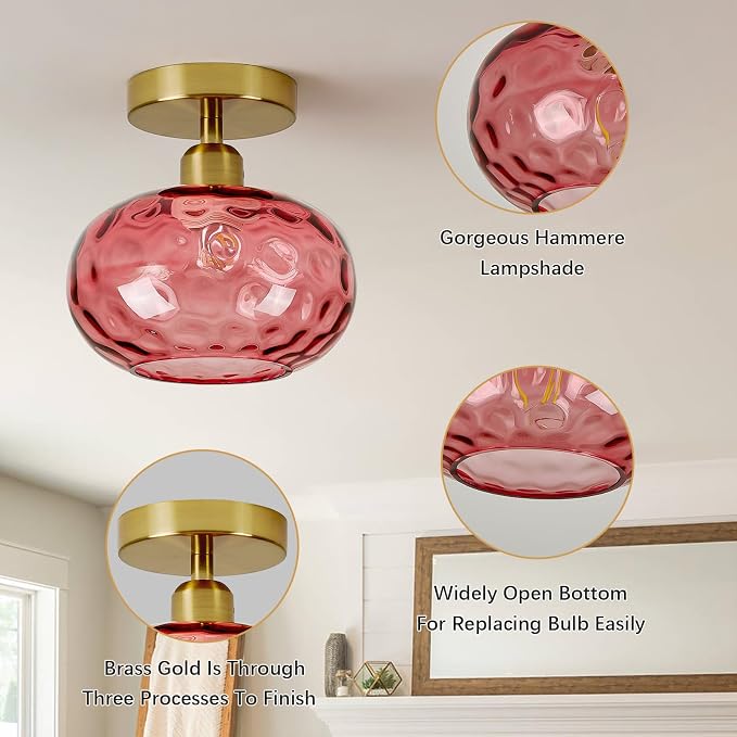 Luafac 7.9″ Small Semi Flush Mount Ceiling Light,Red Hallway Light Fixtures | Art Deco Hammered Glass,Whimsical,Vintage Gold Mid Century MCM Lighting for Closet Cottage Entryway Laundry Room Foyer