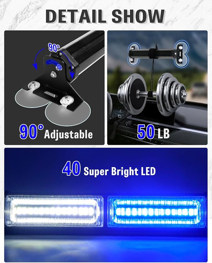 HLauto 1002L Emergency Strobe Traffic Advisor Light Bar: 40LED Dash Safety Warning Flashing Front/Rear Windshield Visor Light for Construction Vehicle, Trucks (2x10.7inch, Blue White)