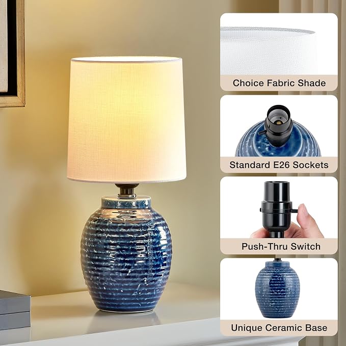 EJIAXIN Table Lamps Set of 2-13.75" Small Bedside Lamps - Classic Farmhouse Ceramic Table Lamp for Bedroom, Living Room, Nightstand, Office, Side Desk Lamp, End Table