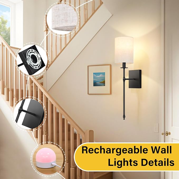 24 inch Battery Operated Wall Sconce Set of 2, Wireless Sconces with Remote | Black Rechargeable Wall Lights with Beige Fabric Shade, Dimmable Wall Lamp with RGBWW Bulbs for Bedroom Living Room Decor