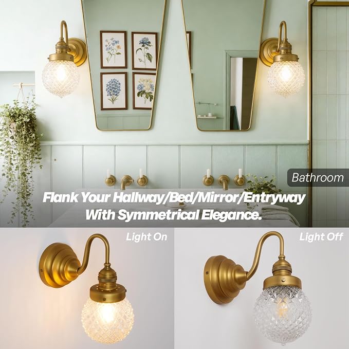Brass Gold Wall Sconce Clear Glass Bathroom Vanity Light | Vintage,Hardwired Indoor,Aged Brass Finish,Hand-Blown Thick Glass,for Bathroom Mirror Kitchen Hallway,UL-Listed E26 Socket