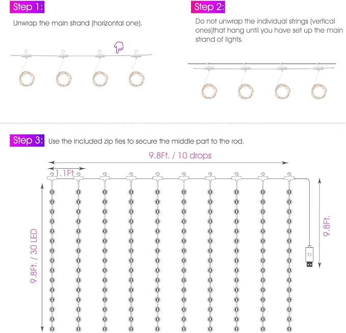 Minetom Curtain Lights, 300 LED Dimmable Fairy Lights with Remote and Timer, 8 Modes, USB Powered String Lights for Room Wall Party Xmas Indoor Decor, Multicolor