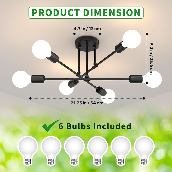 Modern Sputnik Chandelier Ceiling Light Fixtures, 6-Lights 22” Mid Century Industrial Metal Semi Flush Mount for Dining Room, Bedroom, Living Room, 6 Globe Bulbs
