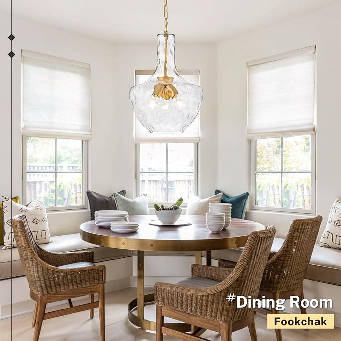 Modern 3-Light Gold Pendant Light Hammered Glass Kitchen Island Light Large Glass Pendant Lights Over Sink Brass Hand-Blown Glass Hanging Light for Kitchen Dining Room Hallway Entrance