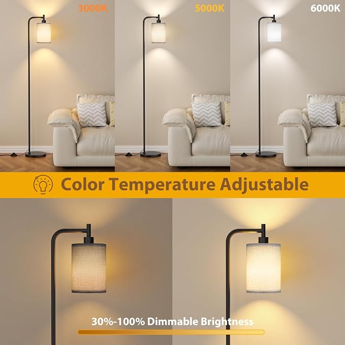 Ziisee 64" Floor Lamp for Living Room with Remote Control, Grey Shade with Black Pole, Dimmable Tall Lamps for Bedroom Office Corner, 9W LED Bulb Included