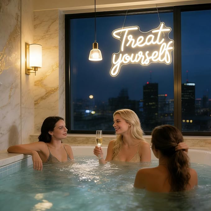 Treat Yourself Neon Signs, Warm White Dimmable LED Word Sign for Wall Decor | Treat Yourself Light Sign for Bedroom Wall Letter Neon Lights Wedding Sign Room Decor for Birthday Gift Party Home Decor Bar