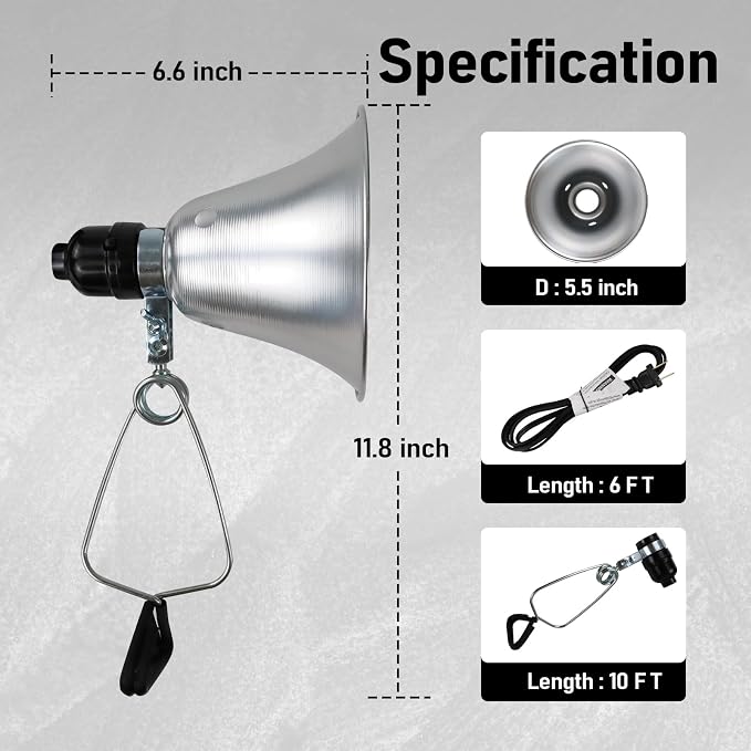Clamp Lamp Light with Detachable 5.5 Inch Aluminum Reflector, 60 Watt E26 Socket (No Bulb Included), 6 Foot 18/2 SPT-2 Cord