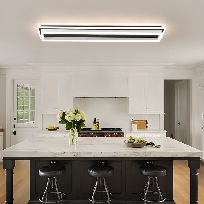 Dimmable Led Ceiling Light with Remote Control Modern Linear Flush Mount Ceiling Lighting Fixture Acrylic Long Ceiling Lamp for Living Room Kitchen Dining Room Hallway (Black&White,39.3inch)
