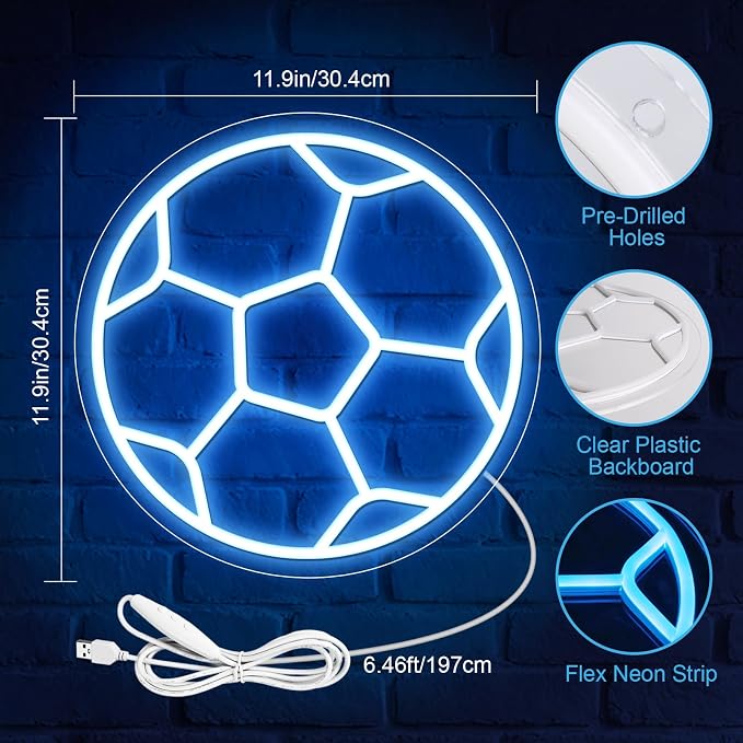 Soccer Neon Sign for Wall Decor, Dimmable Soccer LED Sign with USB Powered ON/OFF Switch, 12 x 12 In Football Neon Light for Boys Bedroom, Game Room, Living Room, Club, Soccer Gifts for Kids Teens