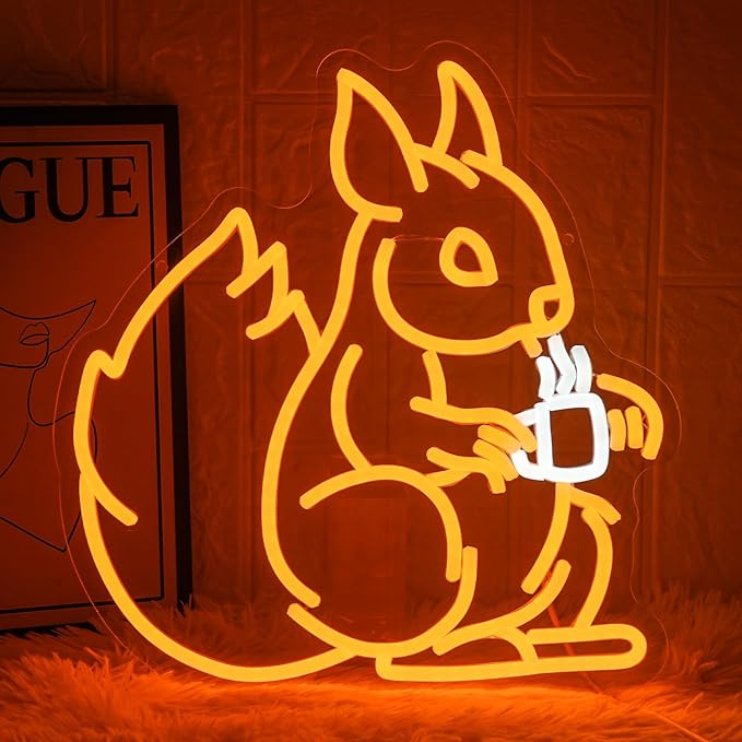 Squirrel Drinking Coffee Neon Sign Squirrel Led Sign Coffee Shop Neon Bar Sign Animal Light Sign Dimmable LED Neon Light for Bar Gaming Room Business Shop Decoration
