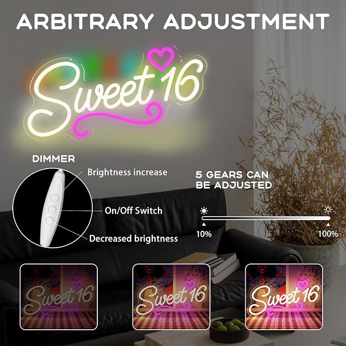 Sweet 16 Neon Sign, LED 16th Birthday Party Decor Light 16.1"X8.6" | USB Powered with Dimmer Switch Sixteen 16th Birthday Party Decorations for Girls Light Up for Wall Decor Room Decor Aesthetic