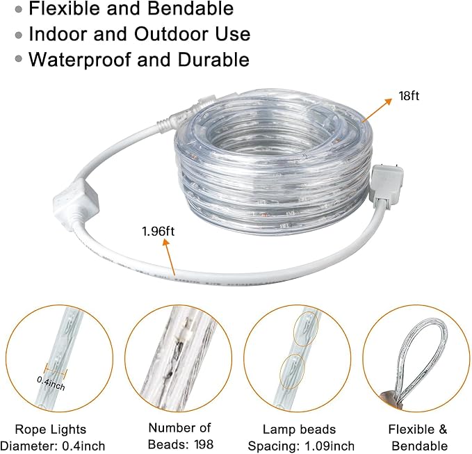 LED Rope Lights Outdoor Warm White, Waterproof 18FT Cuttable 3000K Soft Lighting Indoor 110V Flexible Clear Tube for Bedroom Outside Garden Deck Patio Camping Decor, Not Flat Strip
