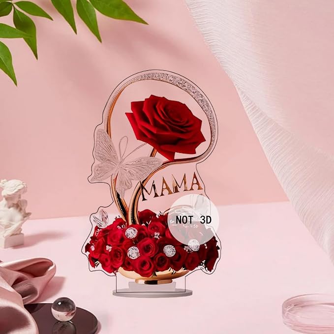 Rose Flower Ornament 2D Flat Acrylic Tabletop Present with Floral Butterfly Designs DIY Crafts Mothers Day Present Home and Office Desktop Ornaments Decorations Supplies