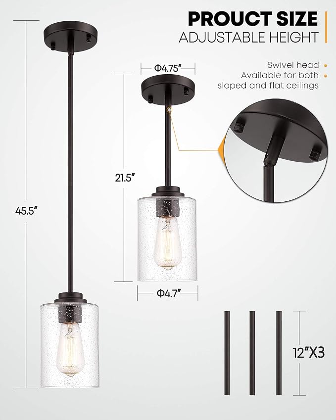 Beionxii Pendant Lights Kitchen Island, Farmhouse Pendant Light, 1 Pack | 4.7" Seeded Glass Pendant Light Fixture, Dark Bronze Finish, Hanging Light Fixtures for Kitchen Island Dining Room,BXD9002-1H