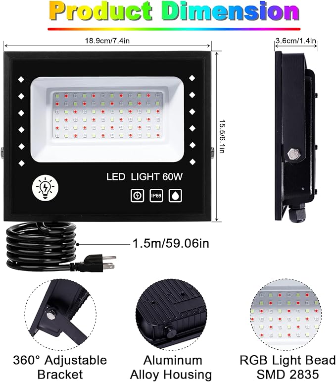 Led Flood Light 600W Equivalent 6000LM, Outdoor Led Lights with APP Control, Smart RGB Lights Colored 16 Million Colors, DIY Scenes - Timing - Music Sync, 2700K & IP66(2 Pack)
