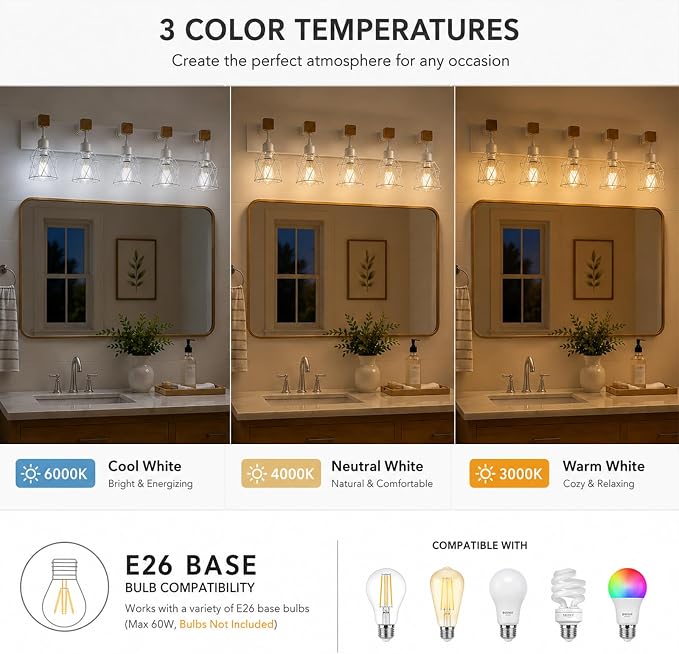 Farmhouse Vanity Light Fixture,5-Light Bathroom Lighting,White Modern Wood Wall Light Over Mirror with Metal Shade,LED Bulbs Not Included