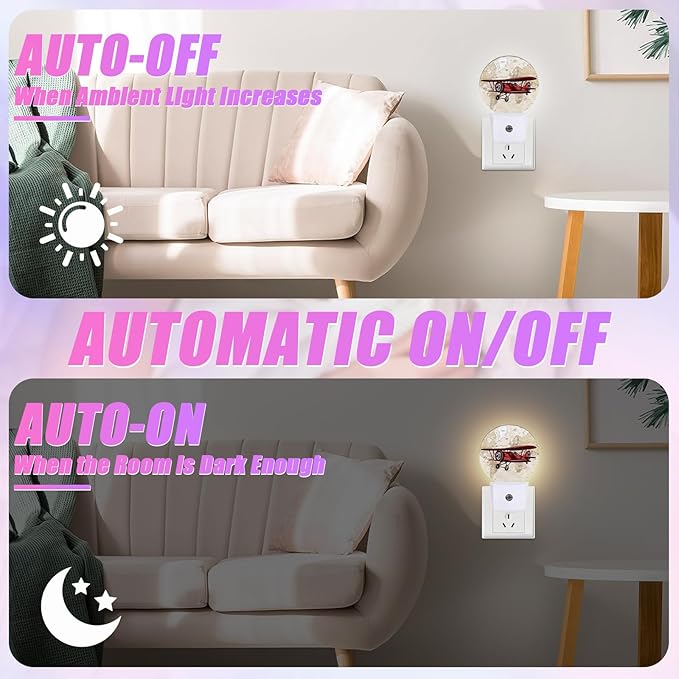 Vintage Airplane Night Light World Map Night Lights LED Lamp Round Plug into Wall Nightlight with Dusk to Dawn Sensor Home Hallway Stairway Kitchen Decor