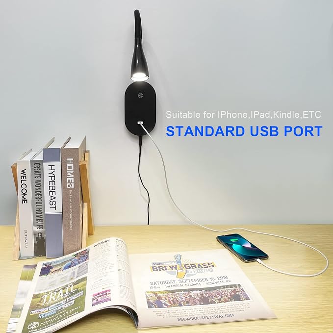 Wall Reading Light, Book Light for Reading in Bed, Touch Control USB Output Modern Reading Lamp,5 Dimmable LED Flexible Gooseneck 4000k Bed Lights, Easy to Install Black | Focused bedside light with touch dimming, flexible gooseneck, USB charging and a...