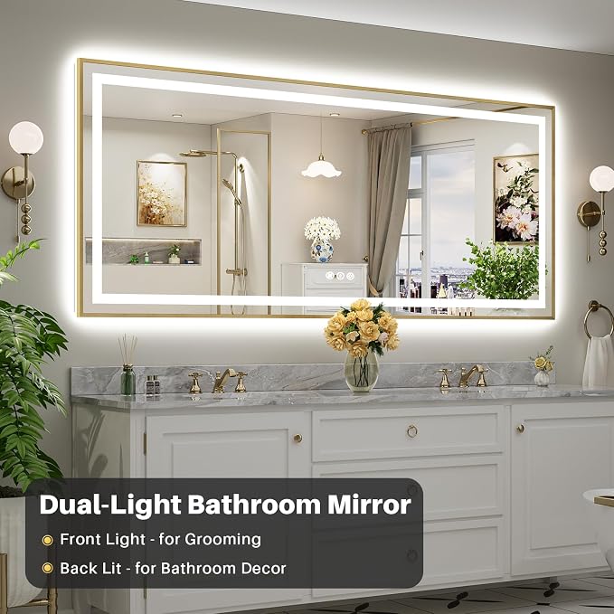 88x38 Inch LED Bathroom Mirror with Gold Frame, Backlit & Front Lit | Anti-fog, 3 Color Dimmable, Memory Function, HD Reflection Tempered Glass, ETL Listed, IP54 Waterproof