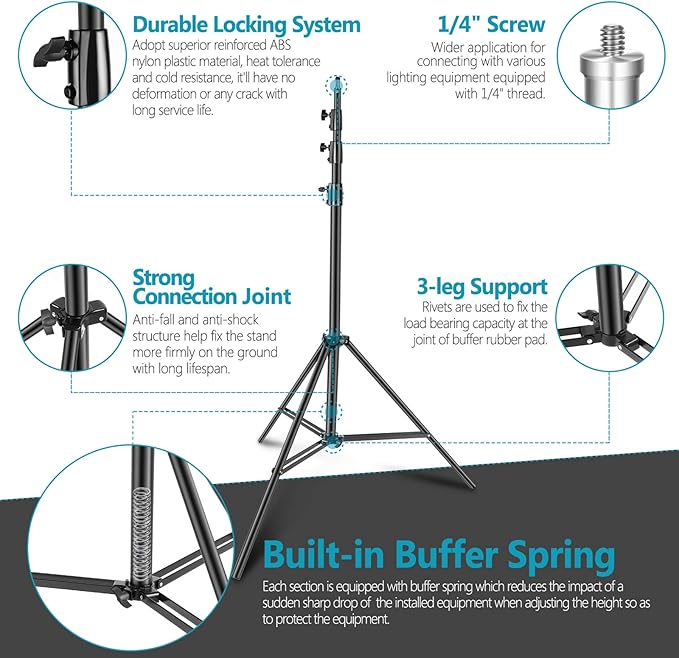Neewer Heavy Duty Light Stand, Metal 13ft/4m Adjustable Photography Tripod C Stand with Spring Cushion 1/4" Screw for Studio LED Continuous Light Background Flash Strobe, Max Load: 22lb/10kg, Black