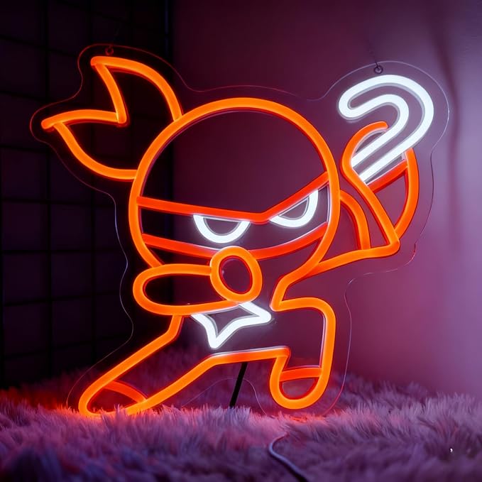 Cookie Ninja Neon Sign, Orange Cute Character Night Light, Adorable Cartoon Wall Decor, Fun Kids Room Art (12.2"x12.2")