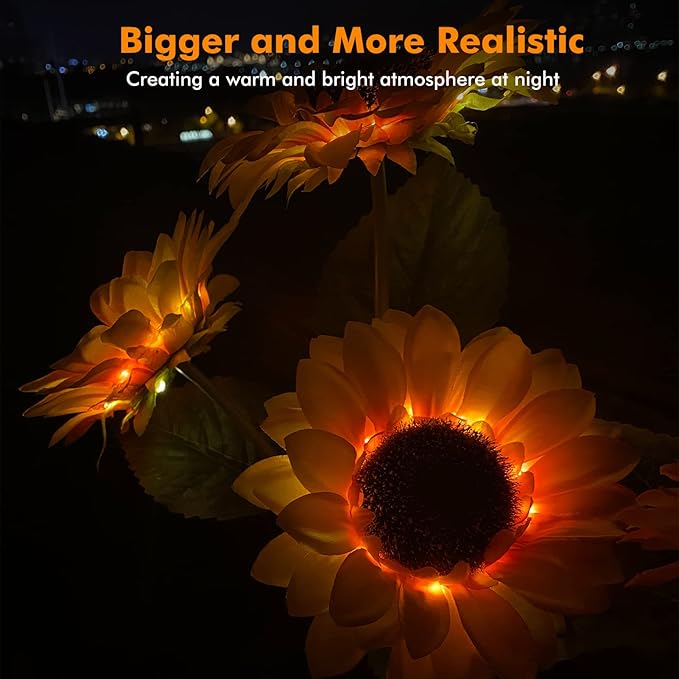 Solar Sunflower Lights Flowers Outdoor Waterproof for Yard Garden Cemetery | 800mA Real Looking Stake Flower Bed Pathway Patio Porch Fall Decors