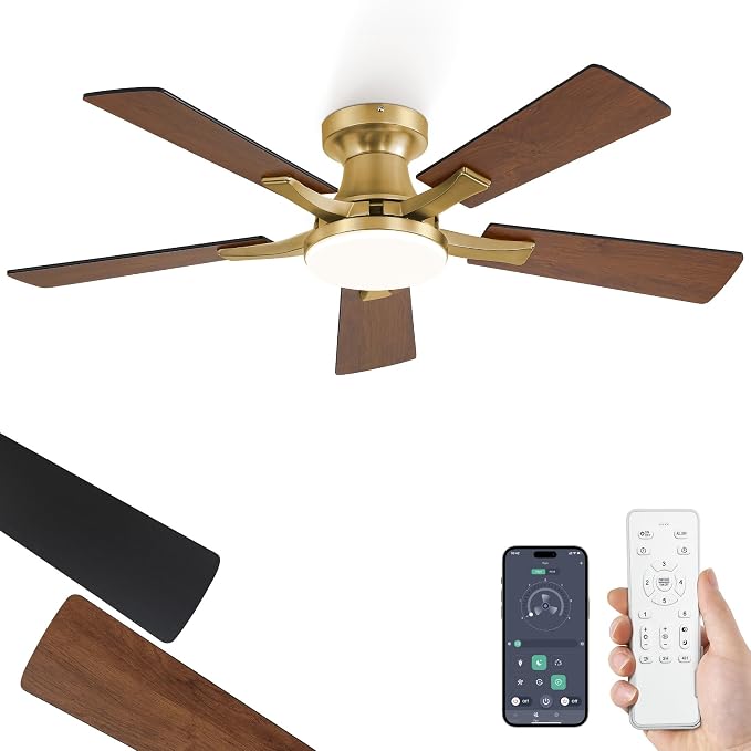 ZMISHIBO 42 Inch Ceiling Fans with Lights, Remote&App Control, Flush Mount | Low Profile, Dimmable 20W LED Light, Quiet Reversible Motor, Strong Airflow, Easy Install for Bedroom/Living Room/Apt, Gold