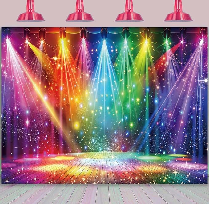 Disco Rainbow Stage Backdrop 70s 80s 90s Hippie Music Vintage Lights Photography Background Rock Music Colorful Neon Glow Party Decorations Photo Banner (8x6FT)
