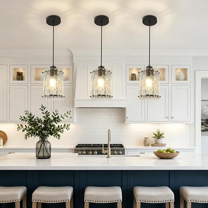 Black Pendant Lights Kitchen Island 1 Pack Modern Water Ripple Glass Pendant Lights Fixtures Round Adjustable Hanging Pendant Lighting for Kitchen Island Dining Room Over Sink Table Entryway
