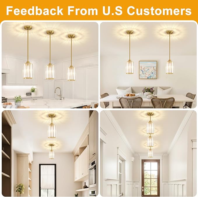 2 Pack Pendant Lights Kitchen Island, Modern Gold Pendant Light Fixtures, Mini Chandelier Crystal Kitchen Island Lighting, Hanging Pendant Lights Fixture for Kitchen Island Dining Room Hallway Foyer