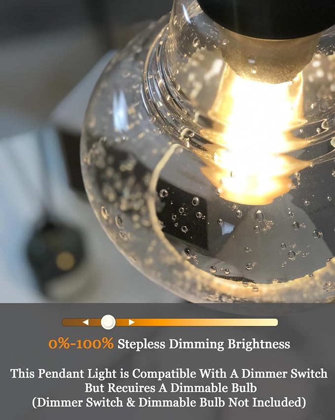 ELYONA 8 Inch Globe Pendant Light Bubble Glass Industrial Kitchen Island Hanging Pendant Light Fxiture Modern Hand Blown Seeded Glass for Farmhouse Dining Room Bar Bedroom Living Room Black