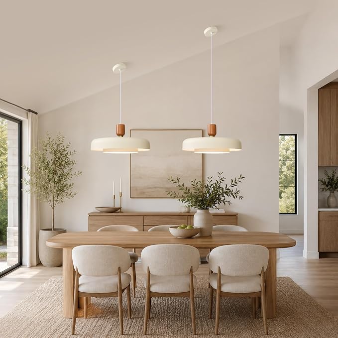 Mid Century Modern Pendant Light: 20" 2-Tiered Cream Metal Nordic Lighting | Wood Brass Iron Hanging Ceiling Light, Kitchen Pendant Lighting Over Island, Dining Room Bedroom Hallway Entryway Chandelier