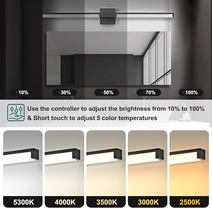 Modern Bathroom Light Fixtures Over Mirror, 40 Inch Matte Black Vanity Light Bar for Bathroom, 24W 5CCT Diammable Wall Light