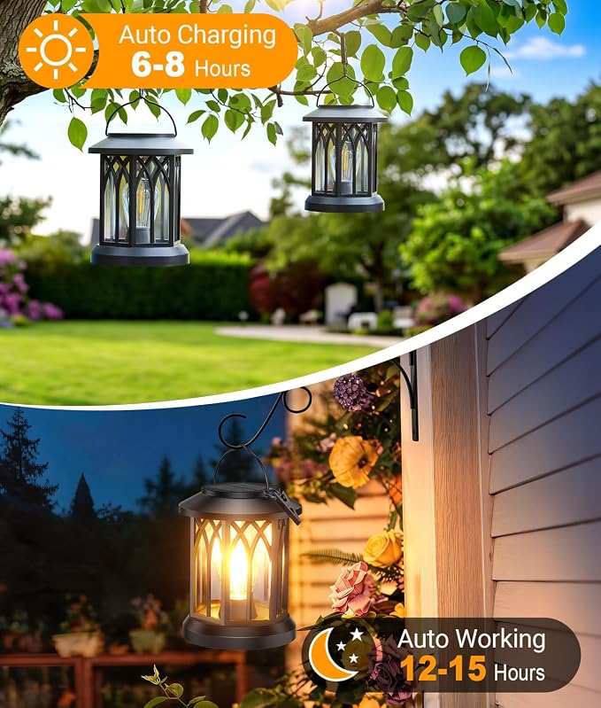 Solar Lanterns Outdoor Waterproof, Upgraded Hanging Solar Lights | Bright LED Lighting, Metal Wall Mount Kit, IP65 Waterproof, Over 12Hrs Glow for Fence, Yard, Patio, Garden Decor, Warm White