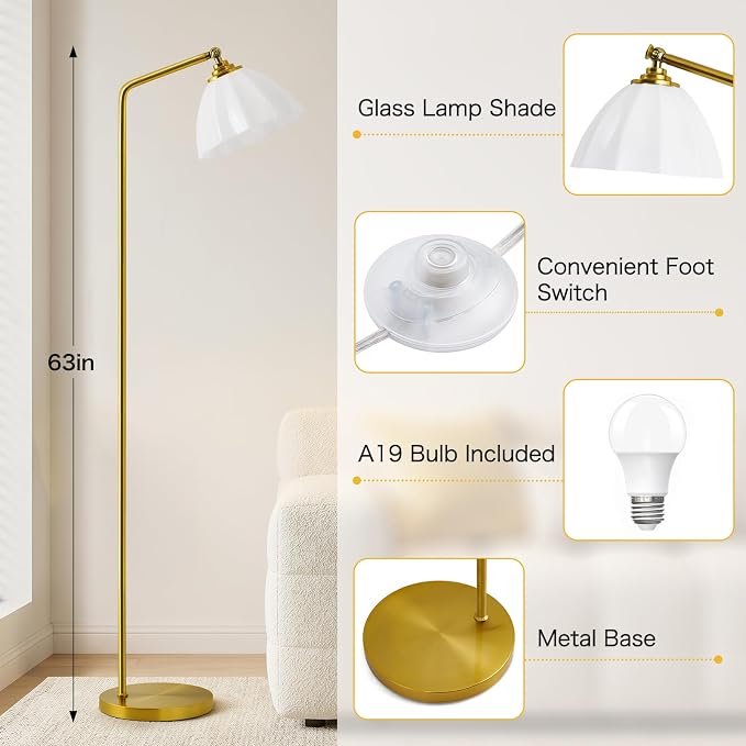 Floor Lamps for Living Room, 63" Modern Tall Standing Lamp, 3CCT | Lamp for Bedroom, Office, Reading Nook, Kids Room, Glass Lampshade, Foot Switch, Weighted Base, Easy Assembly, Home Decor