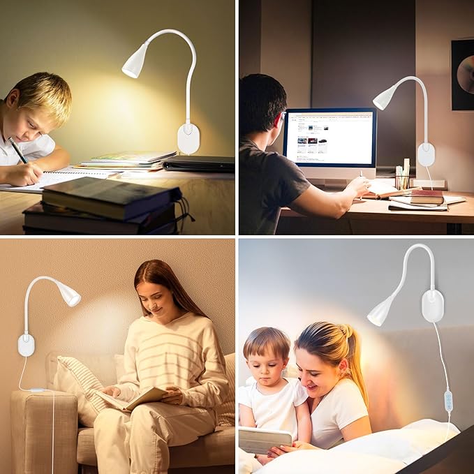 LED Wall Mounted Bedside Reading Light, 3 Color Modes,10 Brightness Dimmable, USB Charging Port, Adhesive Wall Lamp Night Light for Books in Bed, Flexible Neck Eye-Caring Bedroom Lighting White