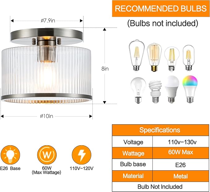 Zlepmlla Glass Ceiling Light, Clear Ribbed Glass Ceiling Light Fixture with Nickel Metal Frame, Modern Semi Flush Mount Ceiling Light for Hallway,Entryway, Bedroom, Bathroom, Kitchen