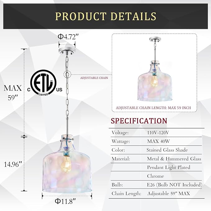 Colorful Hammered Glass Pendant Light, Chrome Hanging Light, 12-Inch | Hand-blown colorful hammered glass pendant light, adjustable chain, E26 socket, ideal for kitchen island lighting.