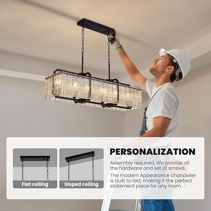 CROSSIO Modern Rectangle Black Crystal Chandeliers for Dining Room, L40 Rectangular Water Ripple Glass Pendant Light Fixture, Linear Farmhouse Lighting for Kitchen Island, Living Room, 6 Lights