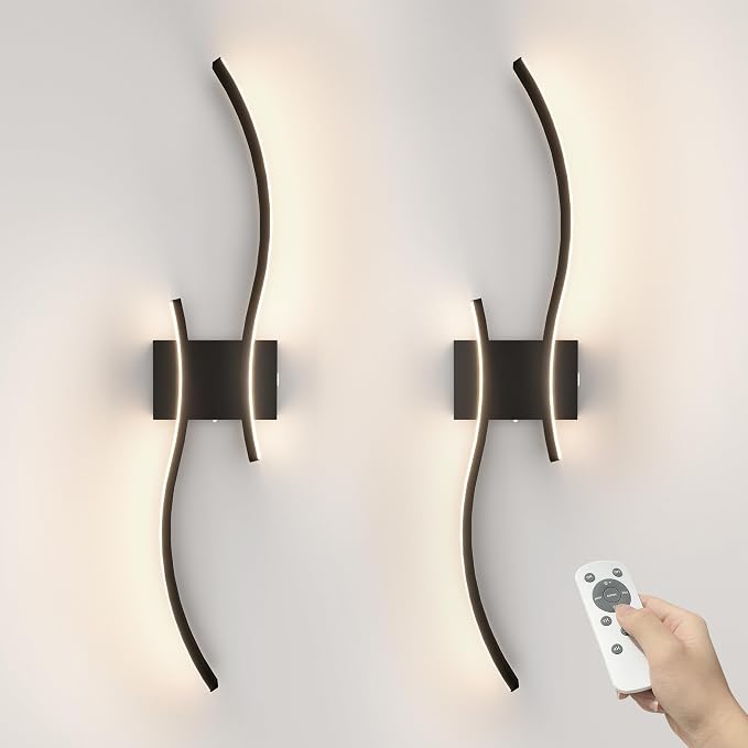 VOLISUN Battery Operated Wall Sconces Set of Two, 27.6 inch Wireless Wall Sconces, 3000K-6500K Dimmable Wall Lamps with Remote, Rechargeable Black Wall Lights for Living Room, Hallway, Bedroom