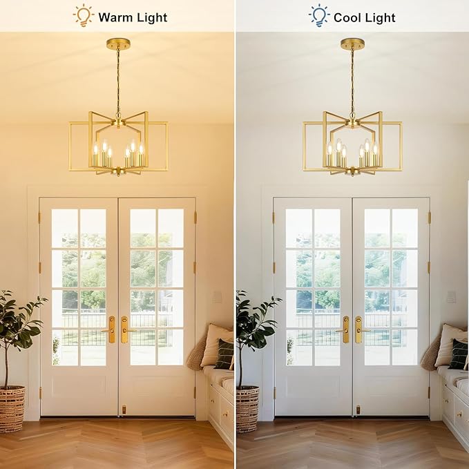 6 Light Gold Chandelier, Dining Room Light Fixture, Modern Farmhouse Industrial Metal Geometric Ceiling Light Rustic Hanging Pendant Lights with E12 base for Kitchen Island Entryway Foyer, Indoor