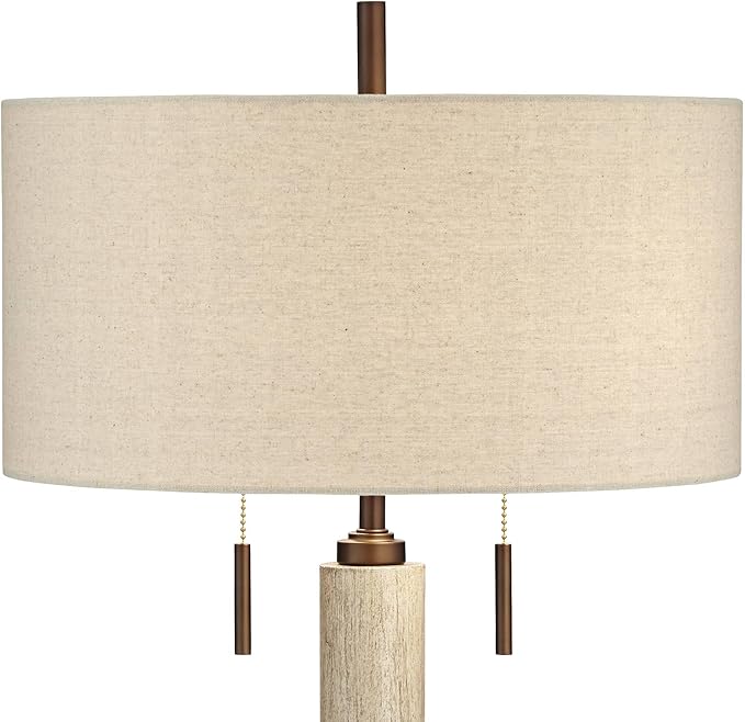 Franklin Iron Works Hugo 28 1/2" Tall Mid Century Modern Natural Cottage End Table Lamps Set of 2 USB Port Pull Chain White-Washed Wood Finish Oatmeal Shade Living Room Charging Bedroom Bedside
