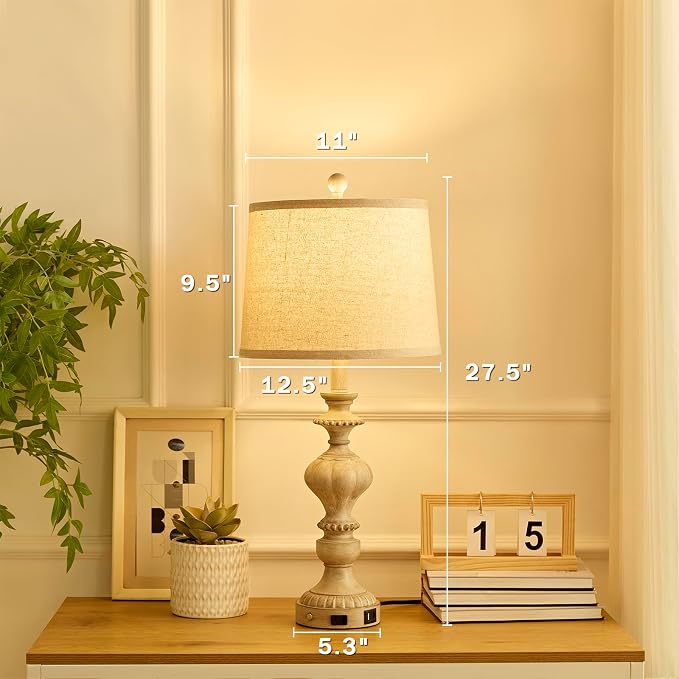 SAIWEYA 27.5" Farmhouse Table Lamps Set of 2, 3 Way Dimmable Touch Lamps | Touch Control, Dimmable, USB C+A Ports & AC Outlet, Bulbs Included, Bedside Nightstand Lamp for Living Room, Bedroom