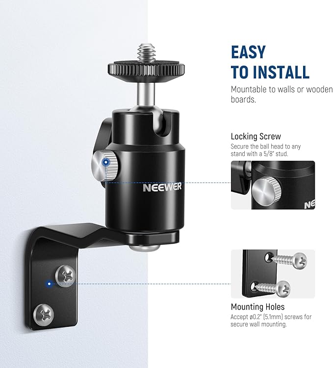 NEEWER 2 Pack E Type Wall Ceiling Mount, Ring Light Wall Mount Bracket with Detachable Ball Head, 5/8" Stud, 1/4" Screw for Flash Strobe Camera Monitor Studio Lighting, Max Load: 4.4lb/2kg, TS007
