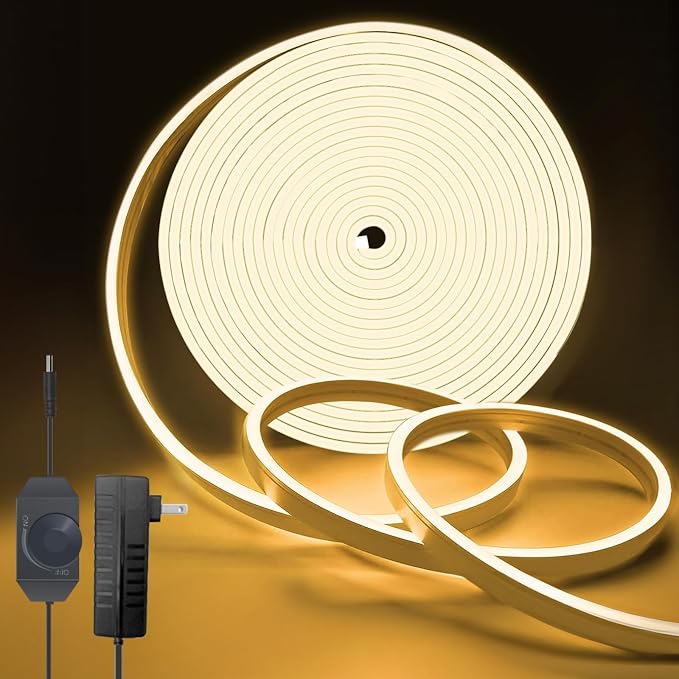 Dimmable Warm White LED Neon Rope Light 32.8FT Adapter Included | Flexible Cuttable IP65 Waterproof LED Rope Light for Bedroom, Kitchen, Patio, Indoor Outdoor Decor, DIY Design