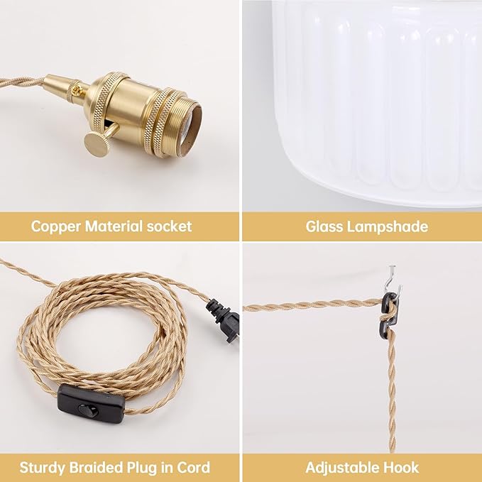 Plug in Pendant Light Hanging Light Fixtures with Plugin Cord On/Off Switch,White Striped Glass Lampshade Brass Pendant Light