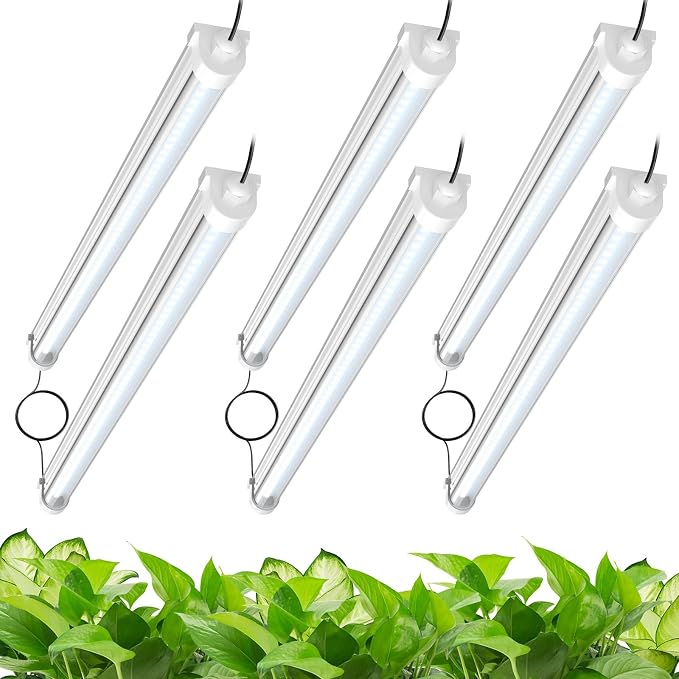 JESLED Waterproof T8 Grow Lights, 2FT 5000K Full Spectrum Daylight, 6Packs | 144W(6 X 24W)900W Equivalent, V-Shaped Beam, On/Off Switch, Linkable Plant Light Strip for Greenhouse, Shelf, Indoor Outdoor