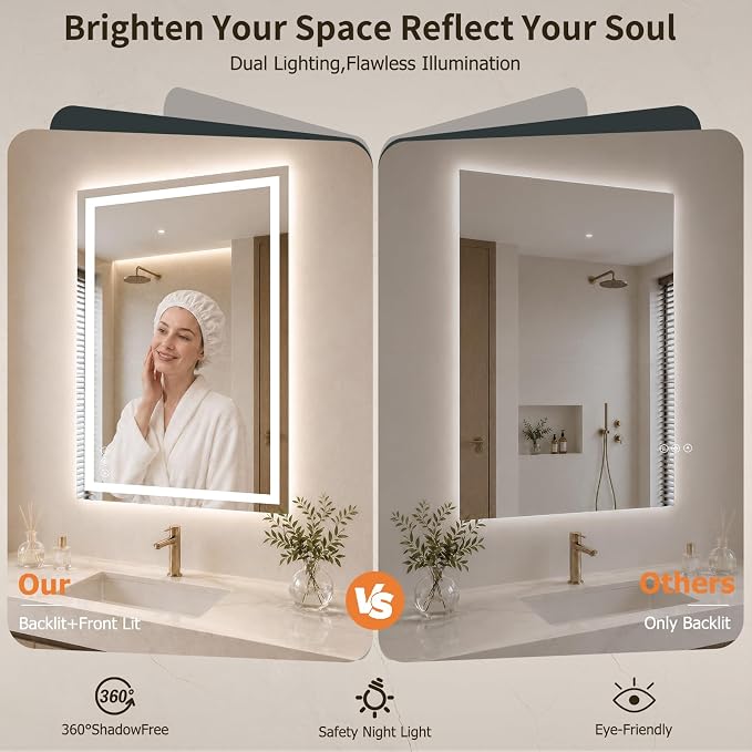 28"x36" LED Bathroom Mirror with Lights, Backlit+Frontlit, Anti-Fog | CRI 95, Stepless Dimmable, 3 Colors Lighting, Shatterproof Tempered Glass, HD Reflection, Memory, (Horizontal/Vertical)