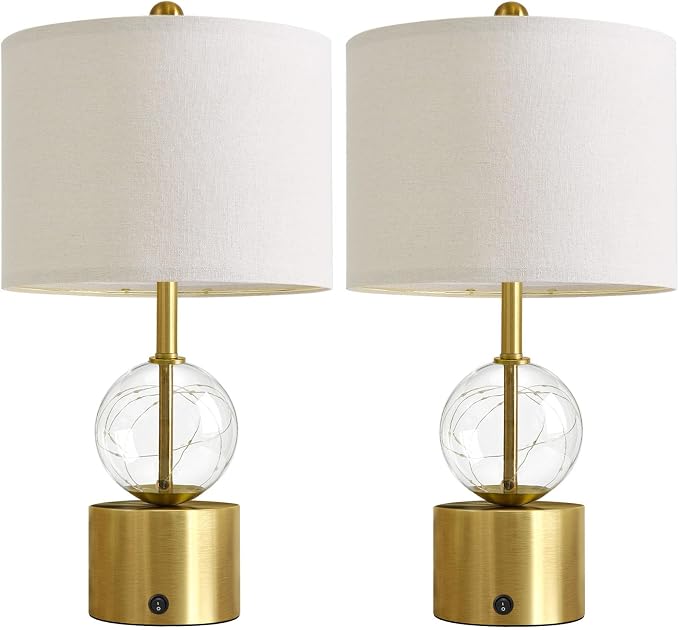 20.5" Small Bedside Table Lamps for Bedroom Nightstands, Gold Glass Modern Table Lamps Set of 2 with USB A+C Charging Port, Night Light, Luxury Lamps for Living Room End Table(Bulbs Included)
