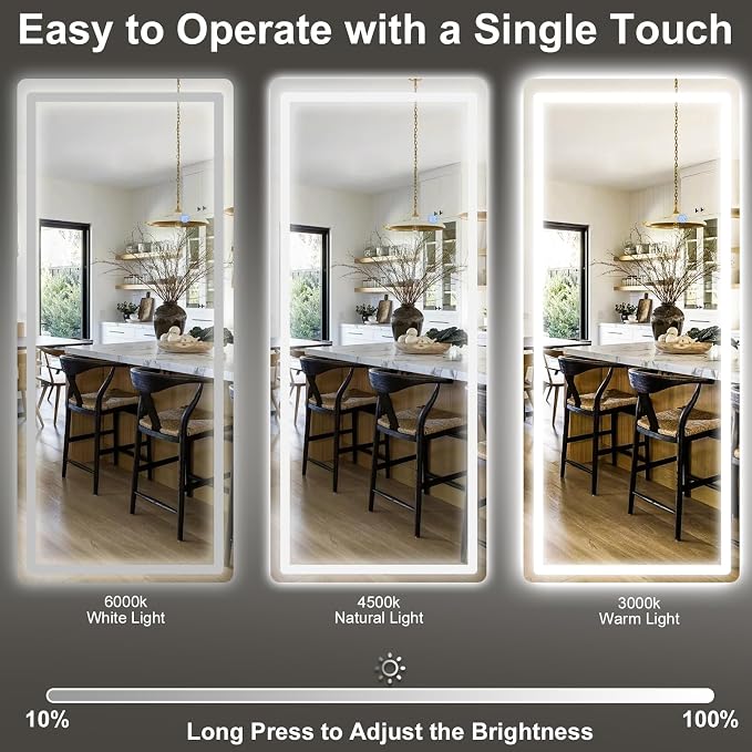 34x76 inch Full Length Mirror with Lights, LED Full Body Mirrors | Stepless Dimmable 3 Color Lighting Floor Standing/Hanging/Leaning/Wall Mounted Vanity Mirror for Bedroom Cloakroom (Rect)